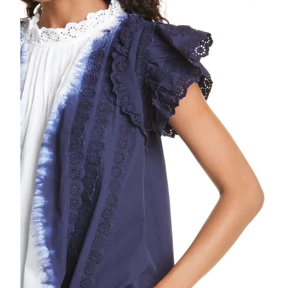 Sea New York Evelyn Eyelet Ruffle Tie Dye Blouse Blue White Size XS - Picture 2 of 8
